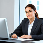 A professional businesswoman in a modest business suit, sitting at a desk in a modern office, fully clothed, appropriate attire, safe for work, perfect anatomy, natural proportions, professional photography, high quality, family-friendly.
