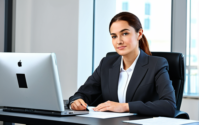 A professional businesswoman in a modest business suit, sitting at a desk in a modern office, fully clothed, appropriate attire, safe for work, perfect anatomy, natural proportions, professional photography, high quality, family-friendly.
