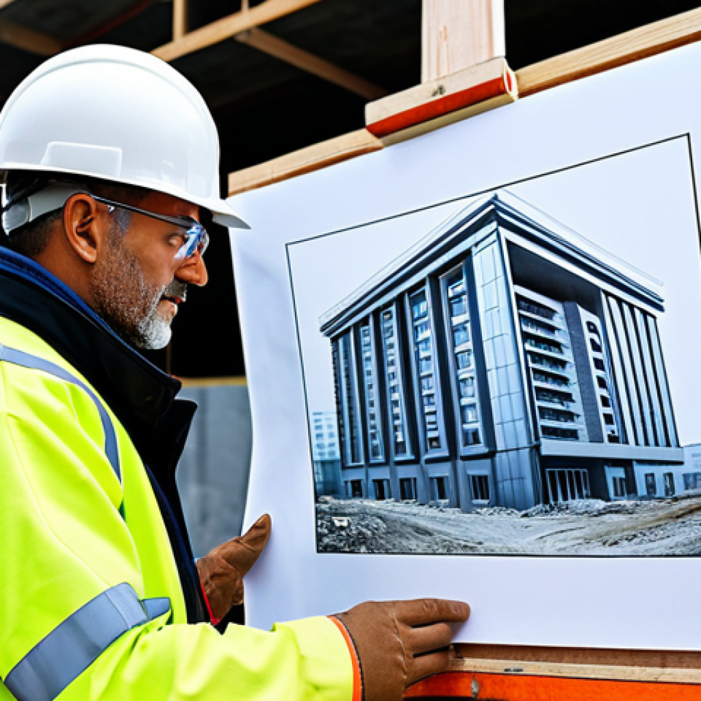 ** A professional architect, fully clothed in appropriate attire, reviewing blueprints on a construction site. Background includes a partially built modern building and construction equipment. Safe for work, perfect anatomy, professional environment, daytime lighting.

**