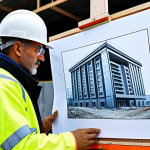 ** A professional architect, fully clothed in appropriate attire, reviewing blueprints on a construction site. Background includes a partially built modern building and construction equipment. Safe for work, perfect anatomy, professional environment, daytime lighting.

**