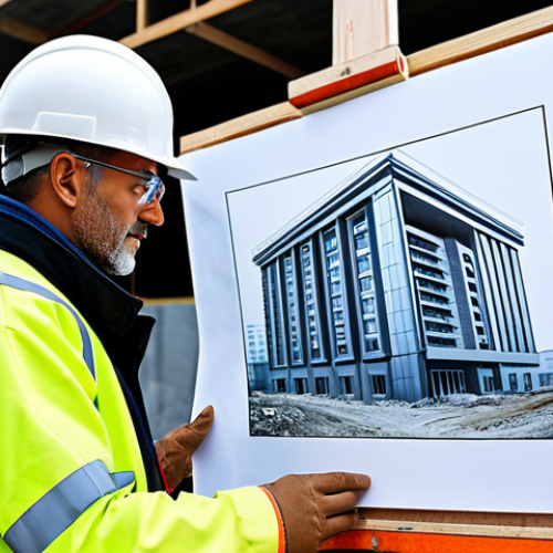 Home 19 ** A professional architect, fully clothed in appropriate attire, reviewing blueprints on a construction site. Background includes a partially built modern building and construction equipment. Safe for work, perfect anatomy, professional environment, daytime lighting.
**