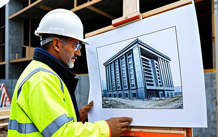 ** A professional architect, fully clothed in appropriate attire, reviewing blueprints on a construction site. Background includes a partially built modern building and construction equipment. Safe for work, perfect anatomy, professional environment, daytime lighting.
**
