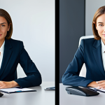 A professional businesswoman in a modest business suit, sitting at a desk in a modern office, fully clothed, appropriate attire, safe for work, perfect anatomy, natural proportions, professional photography, high quality.