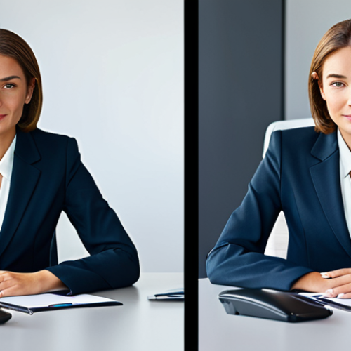 Home 12 A professional businesswoman in a modest business suit, sitting at a desk in a modern office, fully clothed, appropriate attire, safe for work, perfect anatomy, natural proportions, professional photography, high quality.