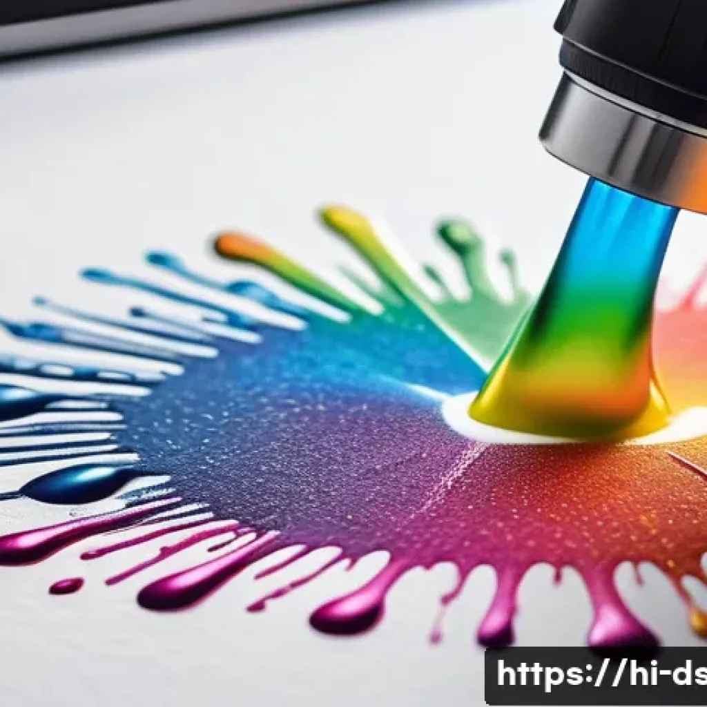 최신 인쇄 디자인 기술 - A highly detailed close-up of a modern inkjet printer head spraying vibrant, multi-colored droplets ...