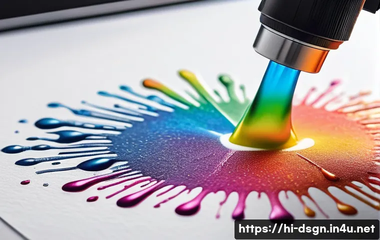 최신 인쇄 디자인 기술 - A highly detailed close-up of a modern inkjet printer head spraying vibrant, multi-colored droplets ...