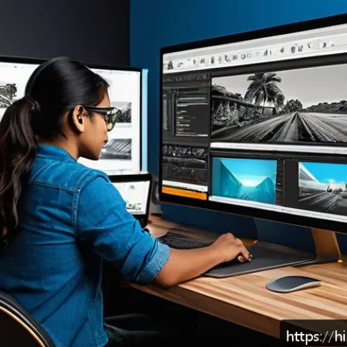 그래픽 디자인과 영상 편집의 융합 사례 - A professional creative workspace showcasing a designer collaborating on graphic design and video ed...