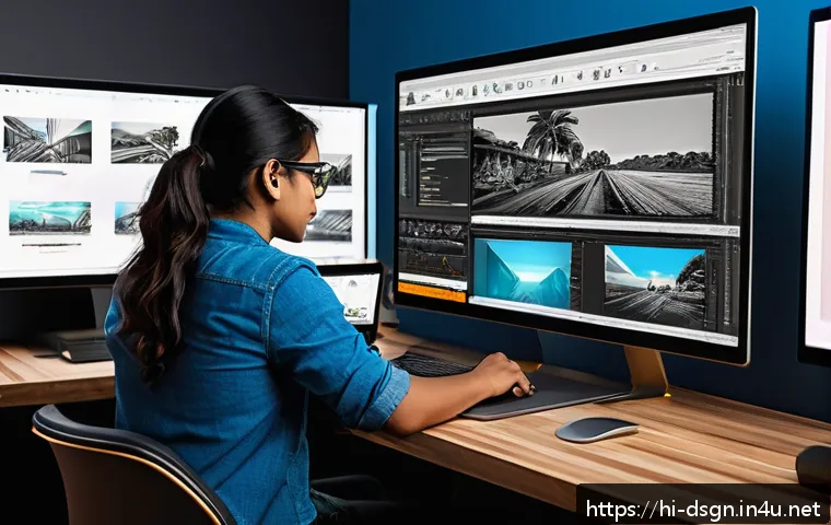 그래픽 디자인과 영상 편집의 융합 사례 - A professional creative workspace showcasing a designer collaborating on graphic design and video ed...
